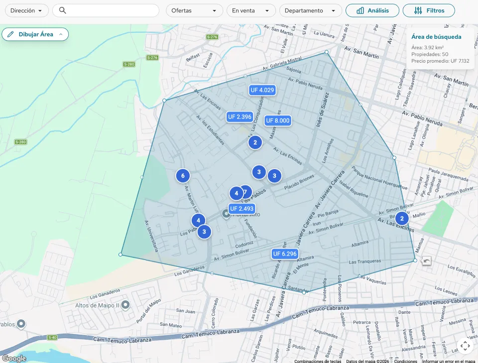 Mapa inmobiliario con transacciones georeferenciadas